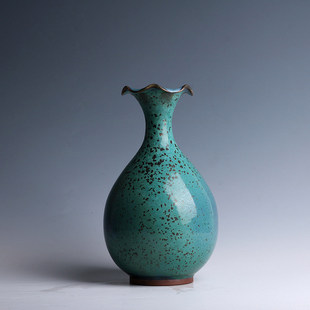 钧窑花瓶钧瓷摆件收藏品炭烧铜系青蓝釉玉壶春天然原矿松石绿金斑