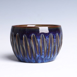 【一物一拍】钧瓷炭烧星空蓝主人石刻压手杯天然原矿郭义兴收藏品