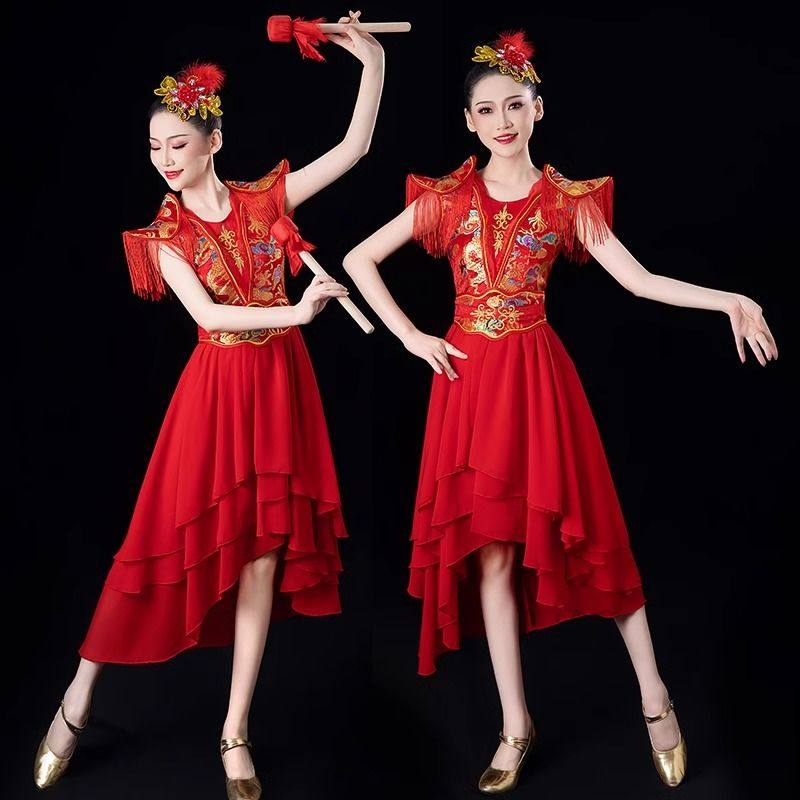 打鼓演出服女中国风喜庆旗袍腰鼓舞表演服水鼓舞开场舞蹈服装套装