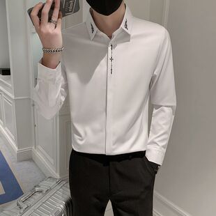 男士秋季小清新刺绣衬衫潮牌韩版修身白色痞帅寸衣潮流男长袖上衣