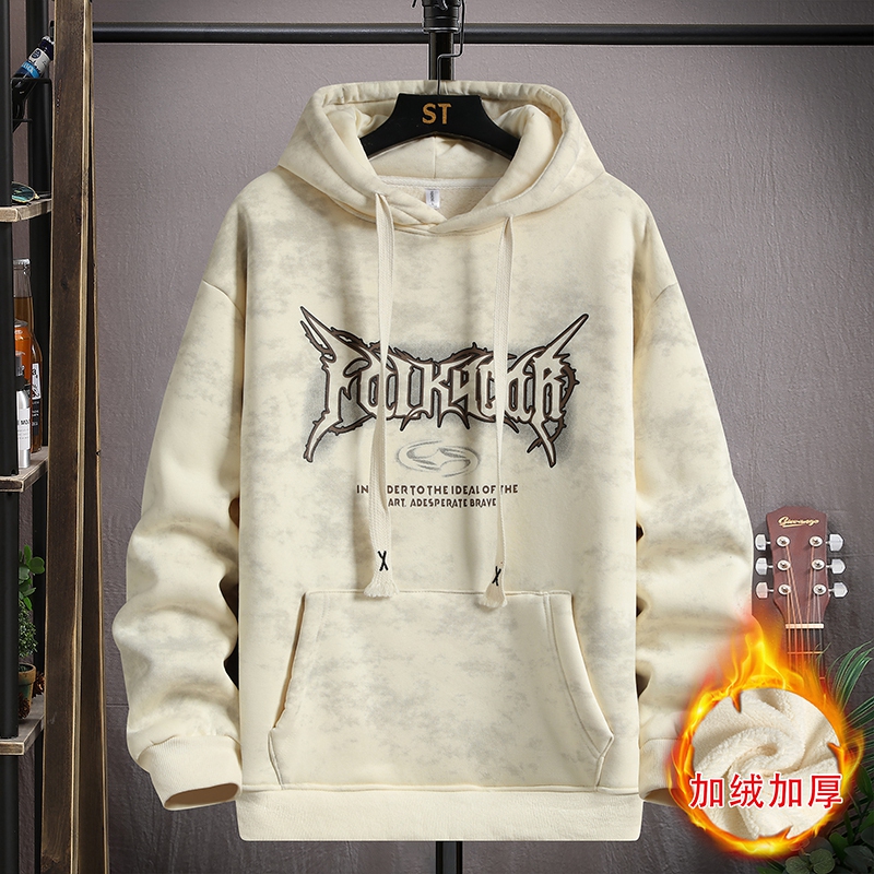 加绒加厚连帽卫衣男青少年学生保暖套头潮牌印花上衣宽松百搭秋冬