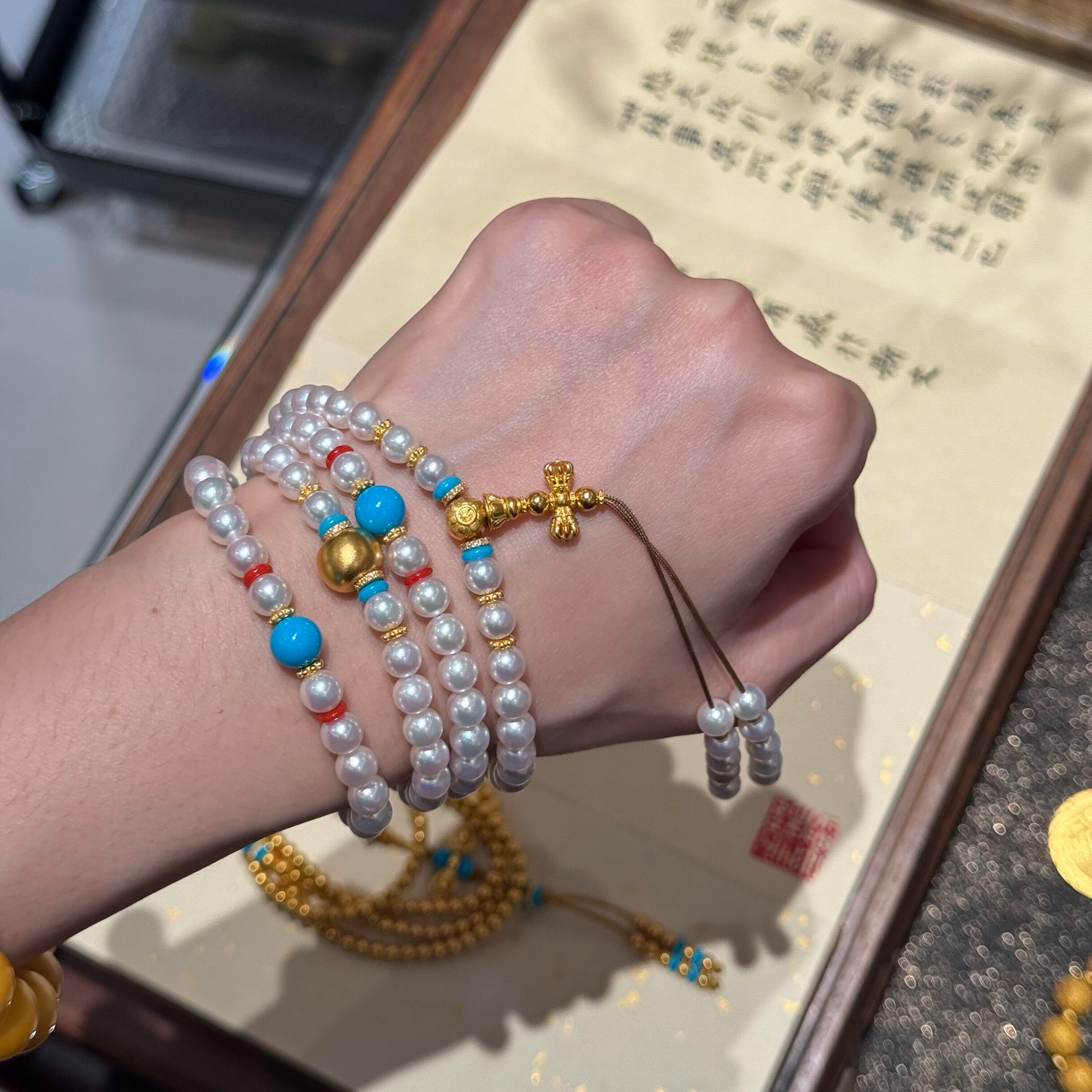 原创小灯泡澳白珍珠项链佛珠念珠毛衣链多圈手串绿松石古法金手链