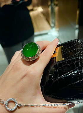 高端翡翠戒指正阳绿天然玉髓开口指环奢华气质大颗粒蛋面开口戒女