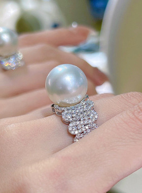 澳洲正圆强光白珍珠戒指s925银满钻奢华轻奢小众ins潮活口指环女