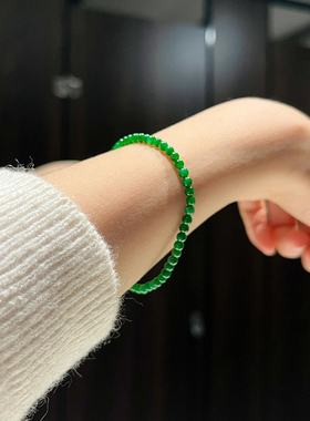 极细小米珠正阳绿翡翠手串冰透辣绿色纯银红石干青单圈叠戴手链女