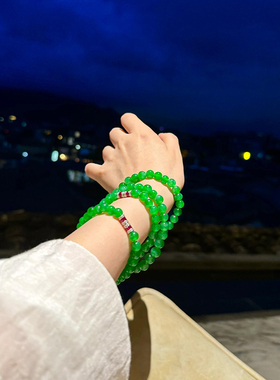 新中式翡翠手串冰透辣绿色纯银红石干青多圈手链气质锁骨链万能链