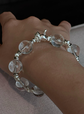 狸奴巴西双A天然白水晶全净体13+mm纯银猫型硬银隔珠小众冰透手链