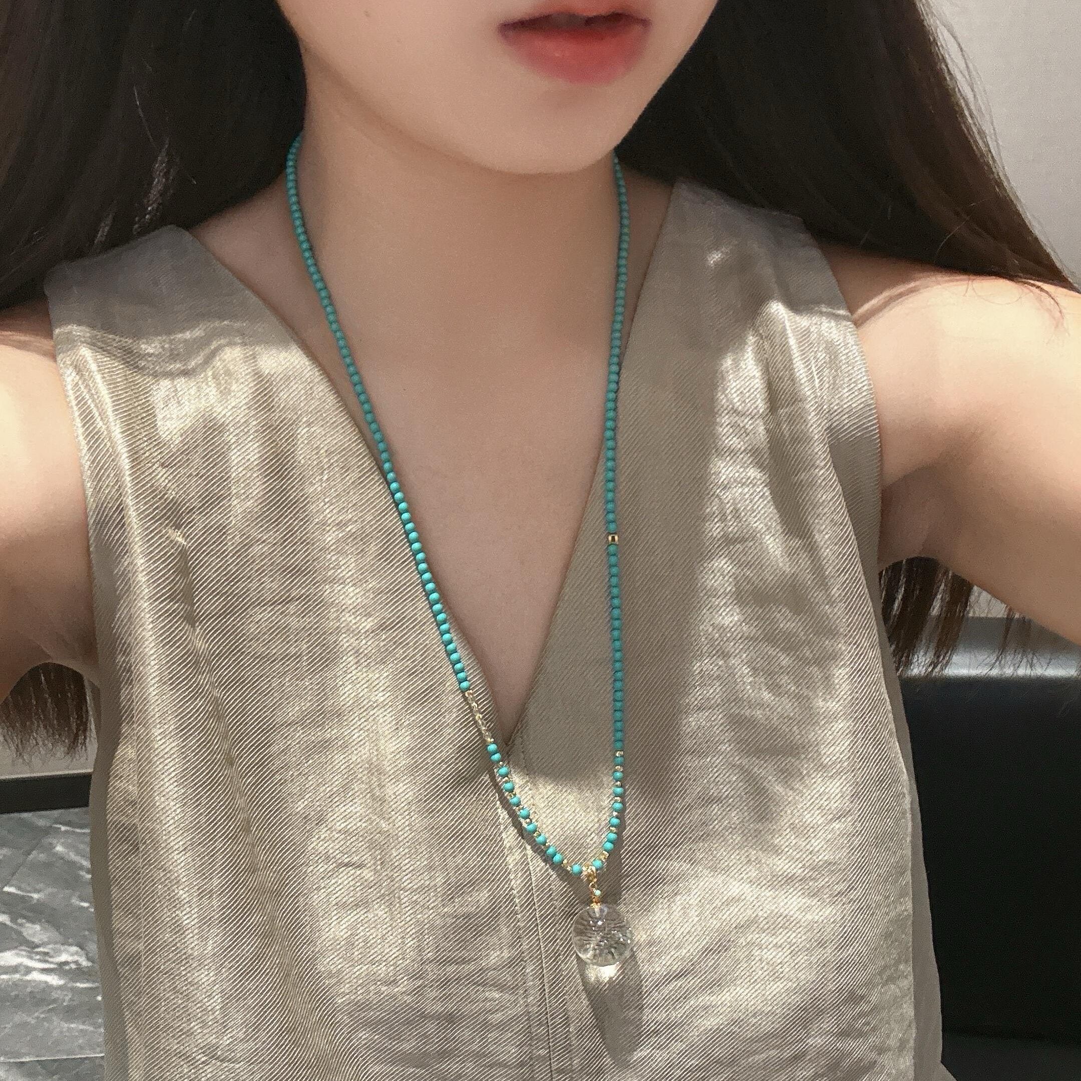 原创设计天然绿松石小米珠项链白水晶毛衣链牛鼻孔吊坠万能链女款,饰品/流行首饰/时尚饰品新,颈饰,淘宝优惠券,粉丝福利购,淘宝优惠卷