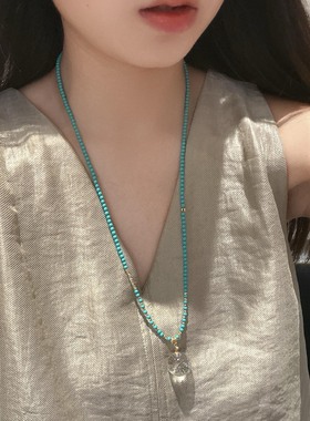 原创设计天然绿松石小米珠项链白水晶毛衣链牛鼻孔吊坠万能链女款