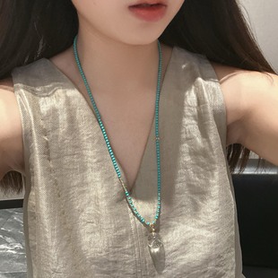 原创设计天然绿松石小米珠项链白水晶毛衣链牛鼻孔吊坠万能链女款