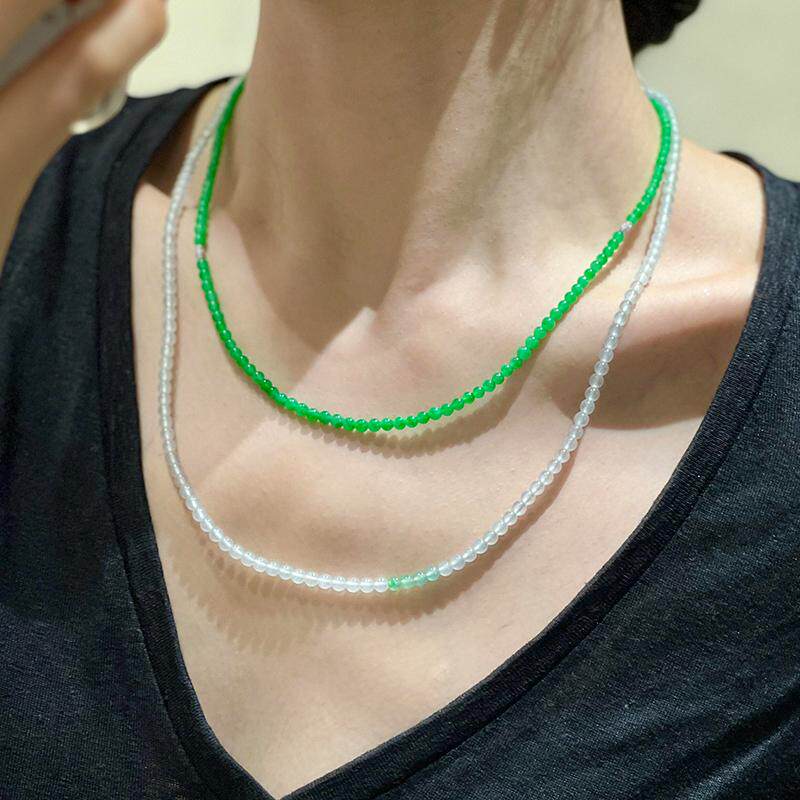 新中式正阳绿小米珠项链双层撞色白冰翡翠色锁骨链一款多用手链女