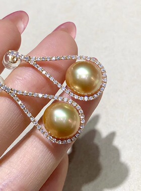 南洋金珍珠耳钉浓金正圆极强光白珍珠耳环气质女款珍珠纯银耳饰