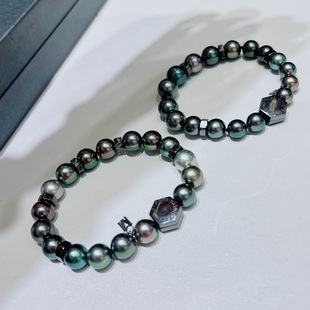 大溪地黑珍珠手串倪妮同款黑佬暗黑系列手链10mm圆珠孔雀绿男女款