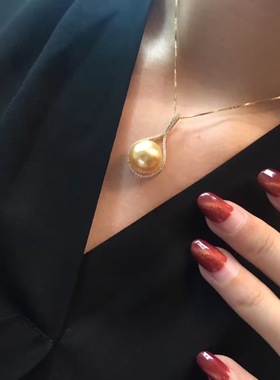 南阳金珍珠吊坠925银镀18K金珍珠项链南阳珍珠锁骨链14mm正圆吊坠