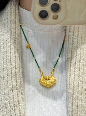 新中式天然干青冰种正阳绿翡翠毛衣链国风古法金锦鲤平安锁项链女