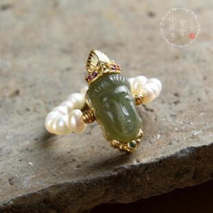 天然和田玉绿度母珍珠戒指女925银招财防过敏戒指平安吉祥食指戒