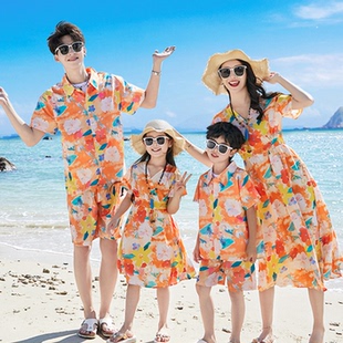 港风一家三口海边旅游亲子装8090复古花衬衫男童父子装三亚沙滩装
