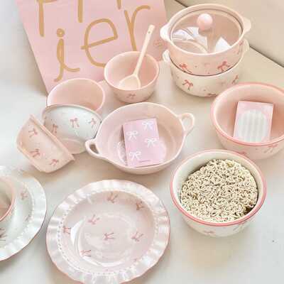 粉色ins风蝴蝶结陶瓷餐具套装面碗家用饭碗盘子釉下彩好看少女心
