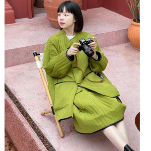 棉衣棉服套装女秋冬显白绿色无领夹棉中长款外套撞色半身裙两件套