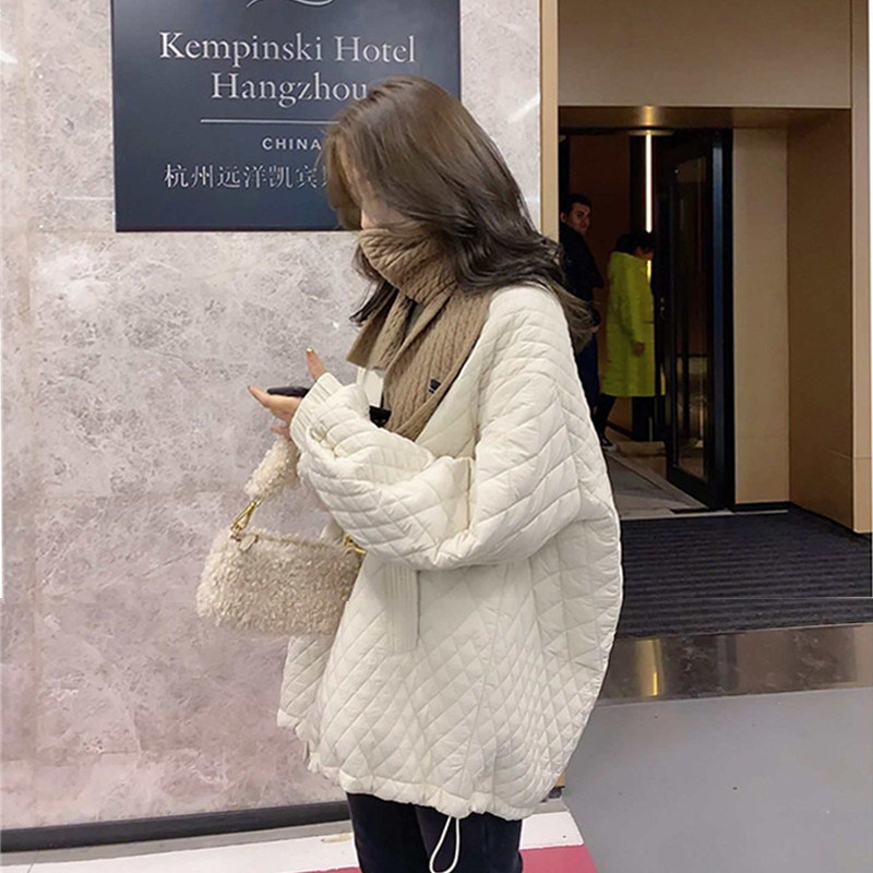 中长款慵懒风轻薄羽绒棉服女冬装韩版V领宽松显瘦抽绳开衫外套潮_虎窝淘