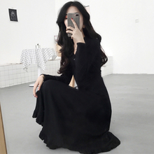 春秋新款女装V领连衣裙女修身收腰木耳边A字气质显瘦打底中长裙子