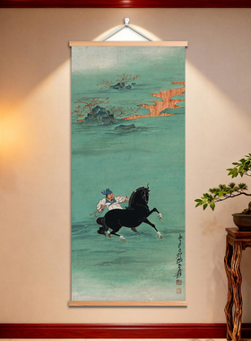 张大千御马图装饰画客厅书房玄关床头装饰挂画背景墙装饰画壁纸