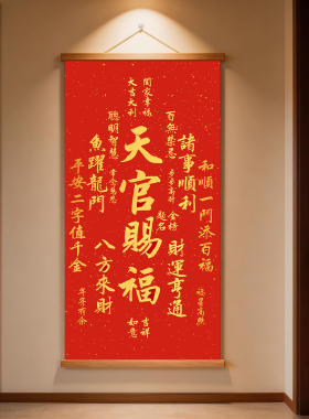 中式天官赐福招财进宝装饰画客厅家居有框挂画福寿康宁喜乐挂画