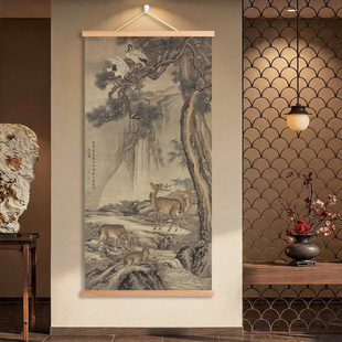 新中式祥鹿白鹤富贵如意图九如图国画老人家房间装饰画挂画书房画