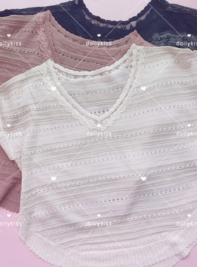 axes日系春夏短袖薄款镂空针织罩衫T恤日单上衣女花边领套头甜美