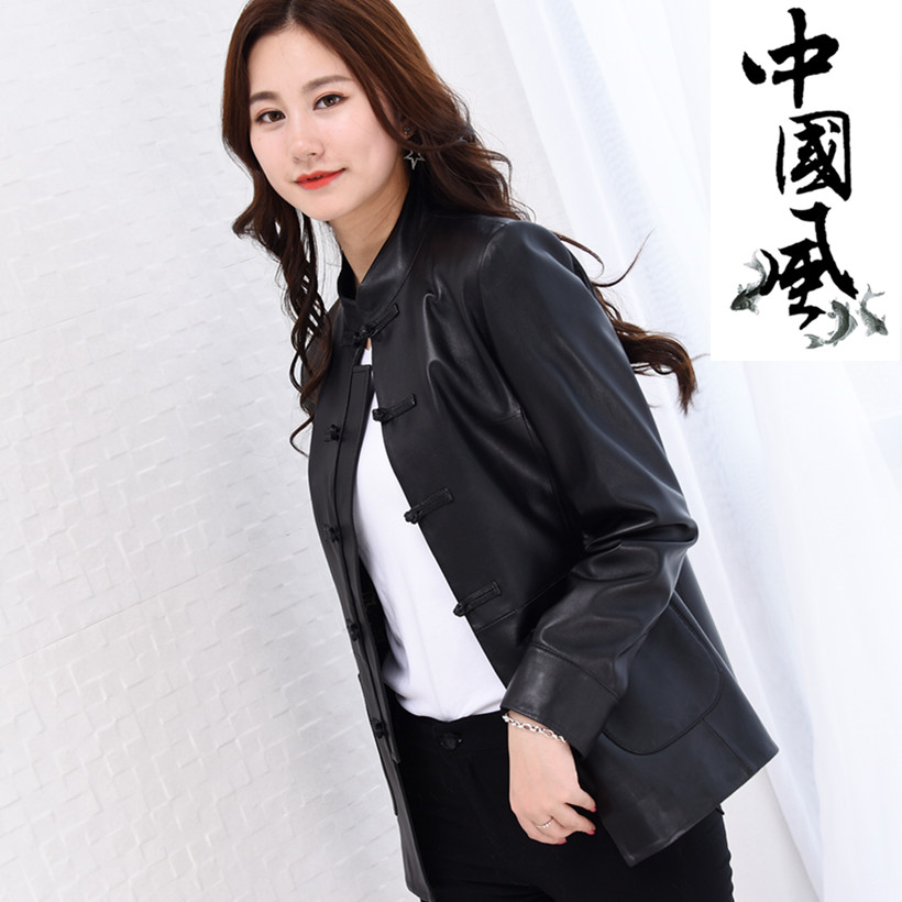 真皮皮衣绵羊皮女立领夹克刘雯款复古盘扣唐装口袋羊皮外套洋气