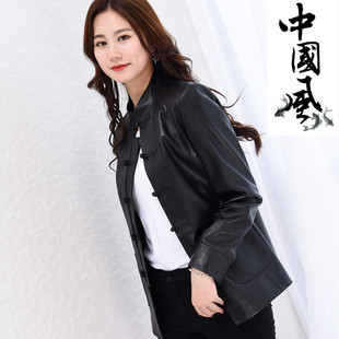 真皮皮衣绵羊皮女立领夹克刘雯款复古盘扣唐装口袋羊皮外套洋气