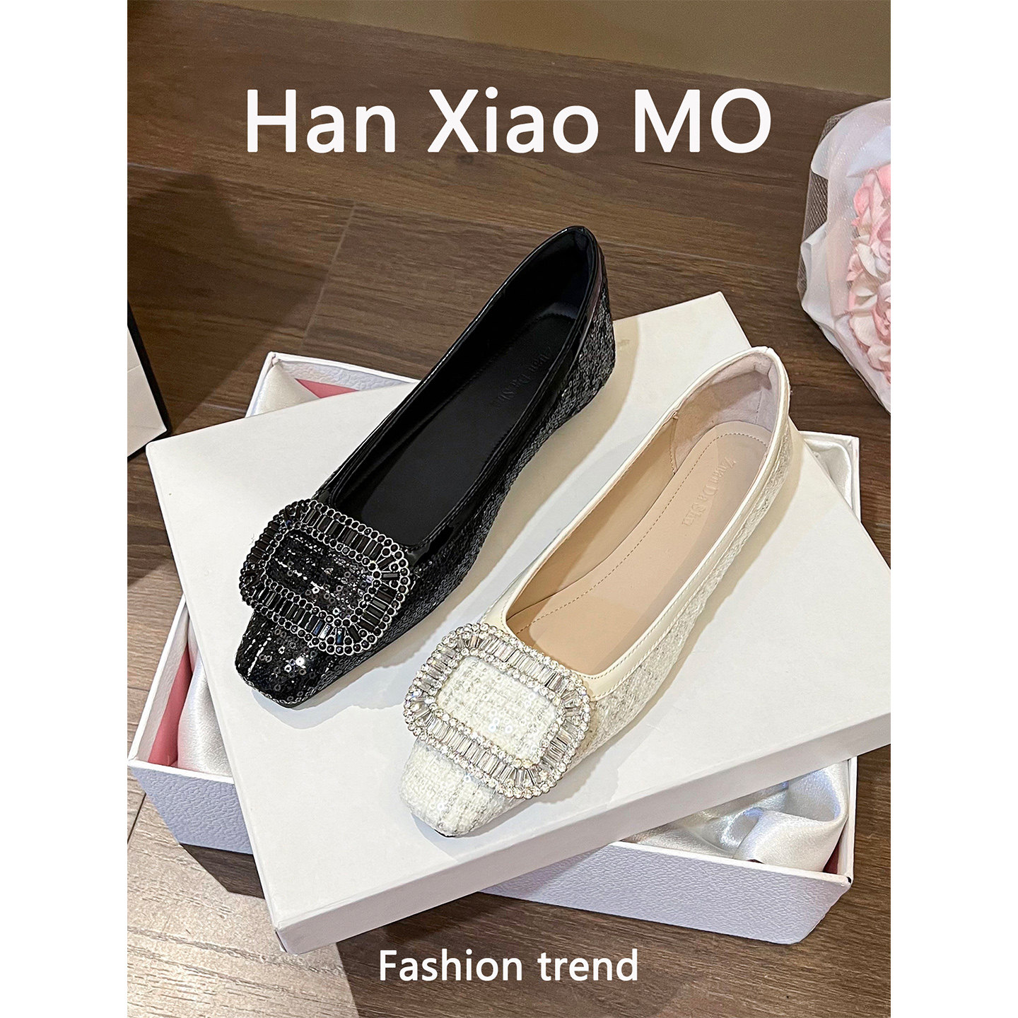 气质风浅口亮片单鞋女2026春季新款厚黑美学水钻方扣平底鞋子大码,女鞋,浅口单鞋,淘宝优惠券,粉丝福利购,淘宝优惠卷