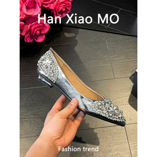 法式精致感水钻低跟尖头平底鞋女士气质风浅口单鞋婚鞋伴娘鞋大码