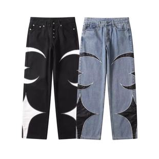 ASAP ROCKY同款裤子THUG CLUB美式刺绣拼皮牛仔裤男潮牌宽松直筒