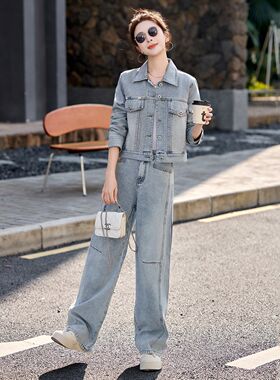 港风复古设计感牛仔套装女2026春秋新款短款外套阔腿裤显瘦两件套