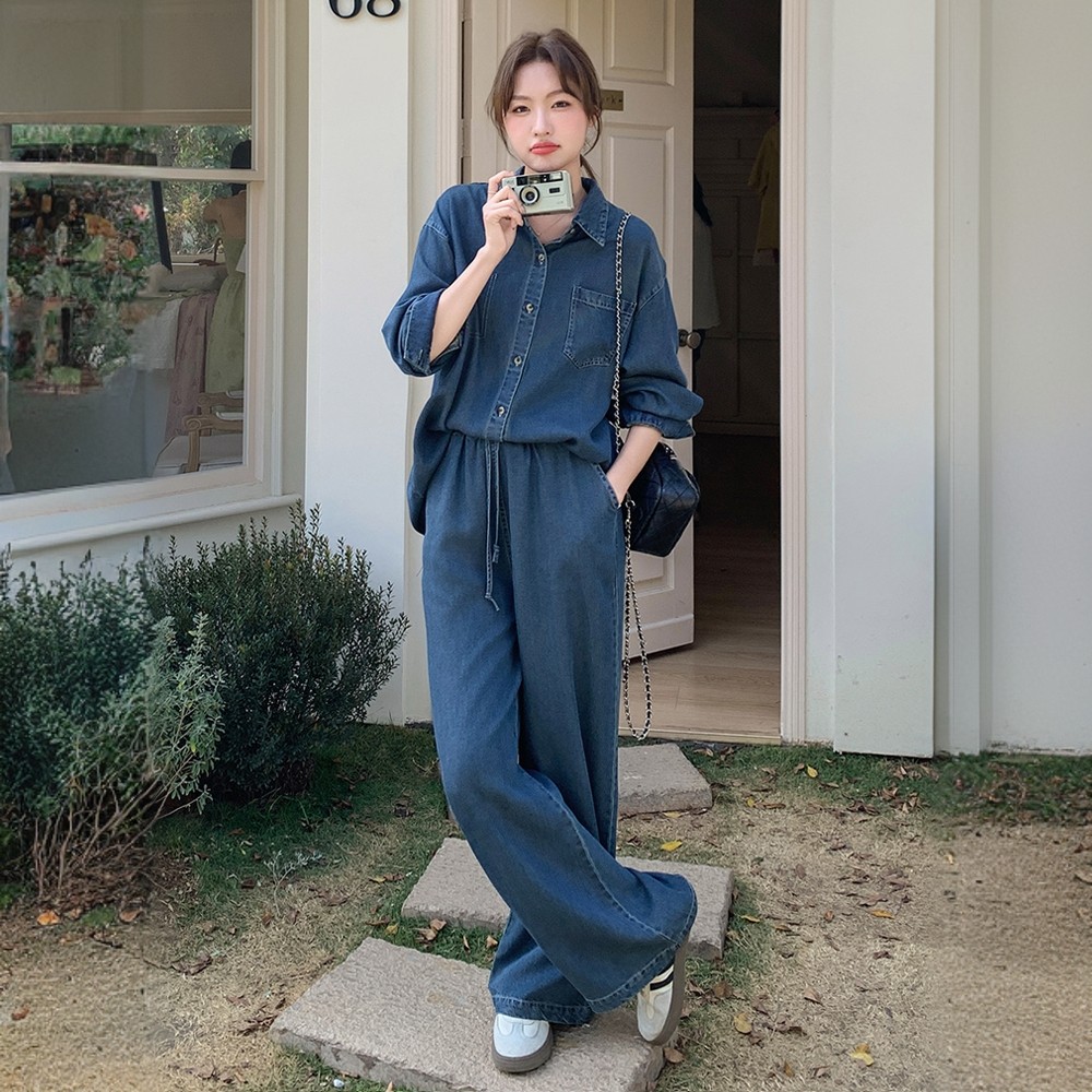 牛仔衬衫阔腿裤套装女2025春秋季新款宽松显瘦减龄复古休闲两件套,女装/女士精品,时尚套装,淘宝优惠券,粉丝福利购,淘宝优惠卷