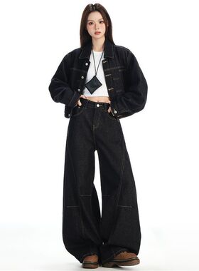 2025春秋新款街头风牛仔套装女短外套弯刀裤阔腿裤休闲显瘦两件套