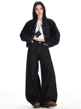 2025春秋新款街头风牛仔套装女短外套弯刀裤阔腿裤休闲显瘦两件套