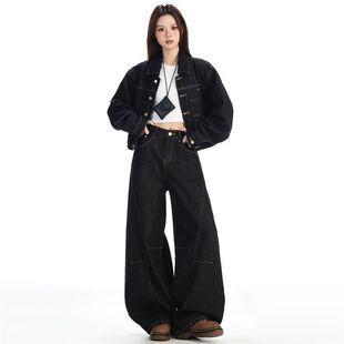 2025春秋新款街头风牛仔套装女短外套弯刀裤阔腿裤休闲显瘦两件套