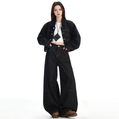 2025春秋新款街头风牛仔套装女短外套弯刀裤阔腿裤休闲显瘦两件套