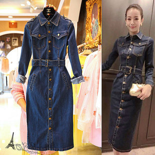 收腰包臀长款 女2025春秋新款 单排扣牛仔裙 显瘦牛仔连衣裙长袖 修身