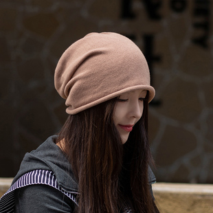 帽子女春秋显脸小女款针织帽纯棉堆堆帽包头女士时尚洋气卷边冷帽