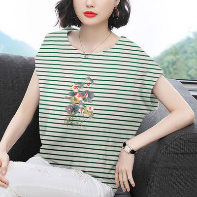 《2024夏天新款》纯棉条纹蝙蝠袖妈妈女装t恤中青年女宽松款遮肚