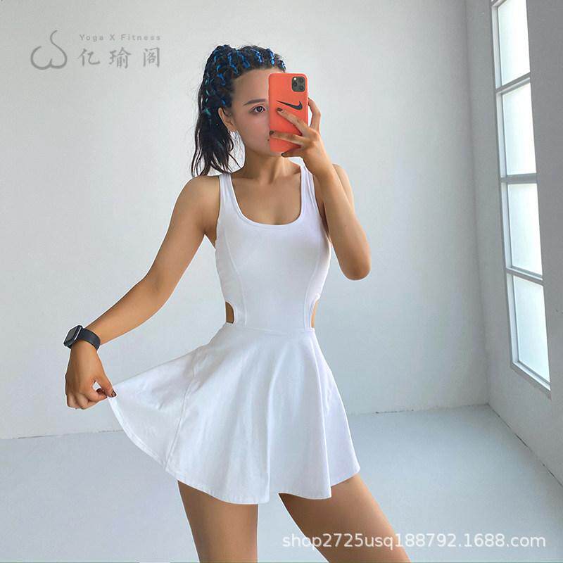 欧美运动连体裙女含胸垫高弹速干美背交叉防走光网球裙女