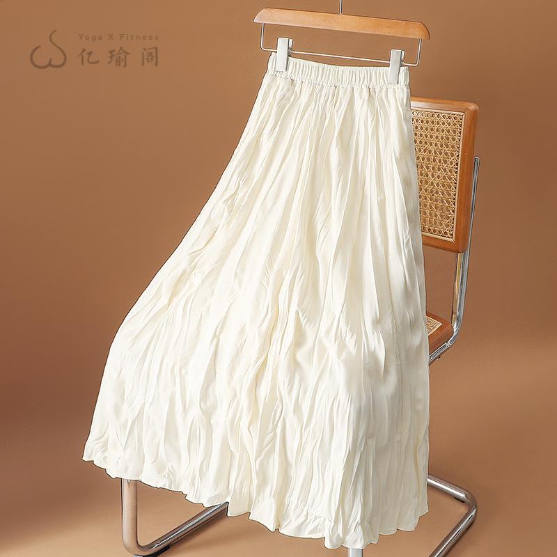 杏色高腰褶皱半身裙女春秋新款