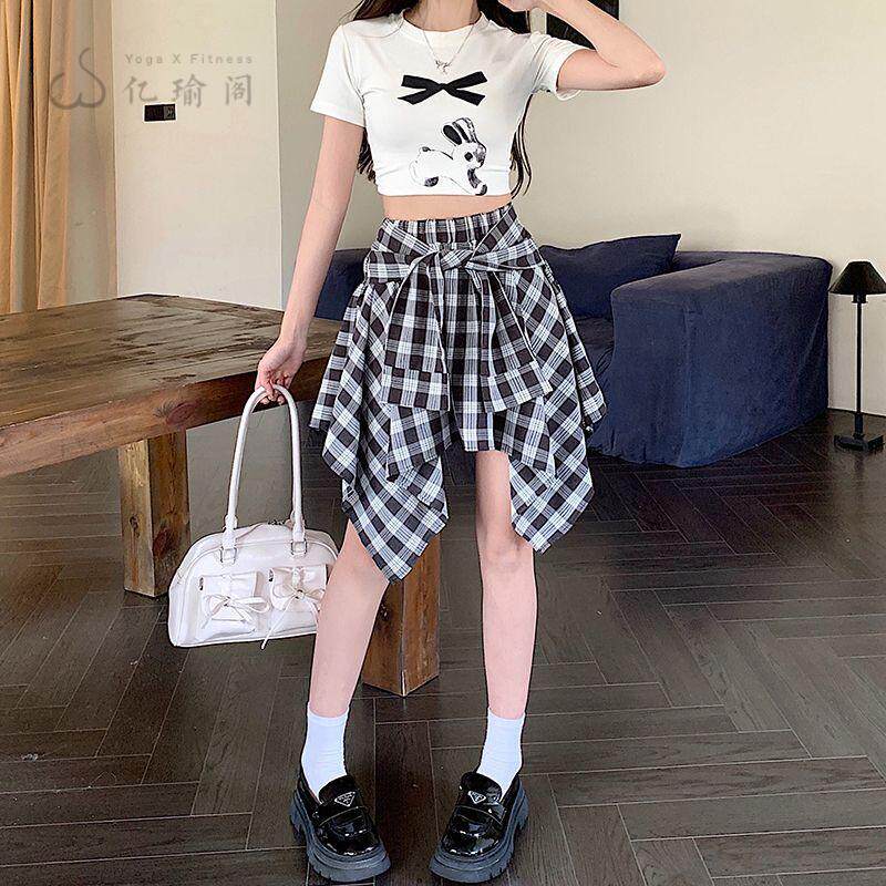大码高腰显瘦格子A字短裙