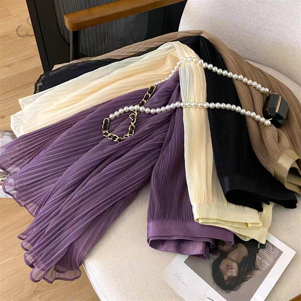 新中式网纱设计感半身裙女冬季新款气质高腰中长款垂感a字百褶裙