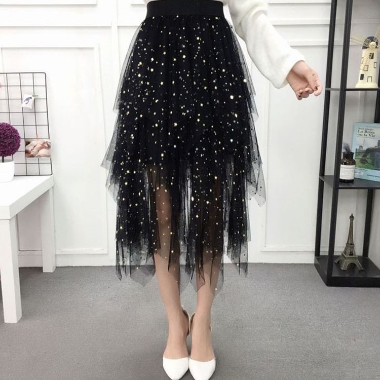 亮片星星网纱星空蛋糕半身裙女