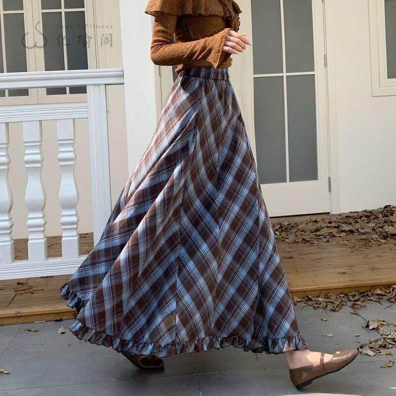 复古格子中长款半身裙女秋冬季新款松紧腰木耳边大摆遮胯a字伞裙