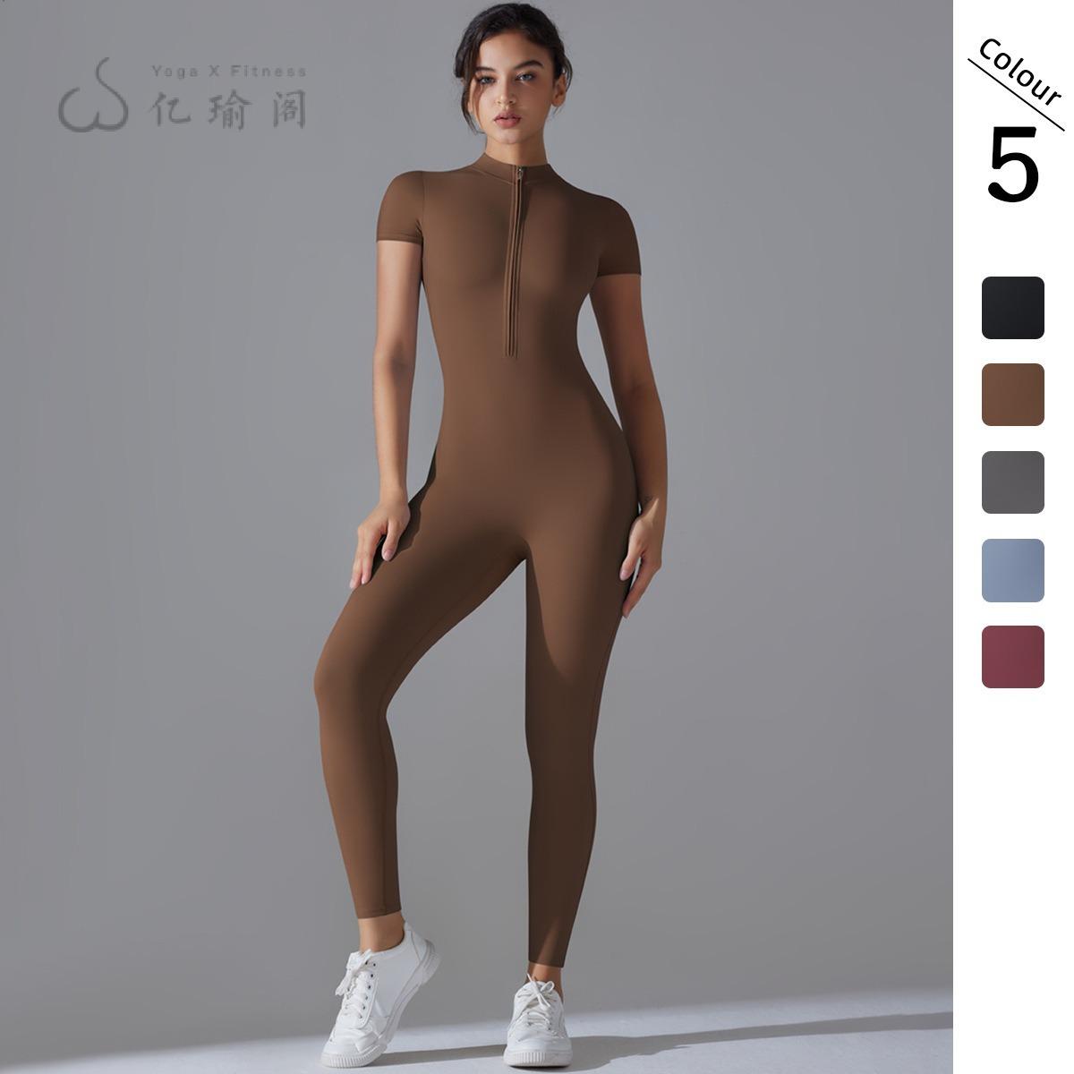 欧美连体长裤瑜伽服拉链短袖紧身